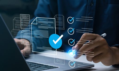 Business performance checklist, Businessman using laptop online survey filling out check digital form task, business performance monitoring and evaluation. online survey question form. online exam.